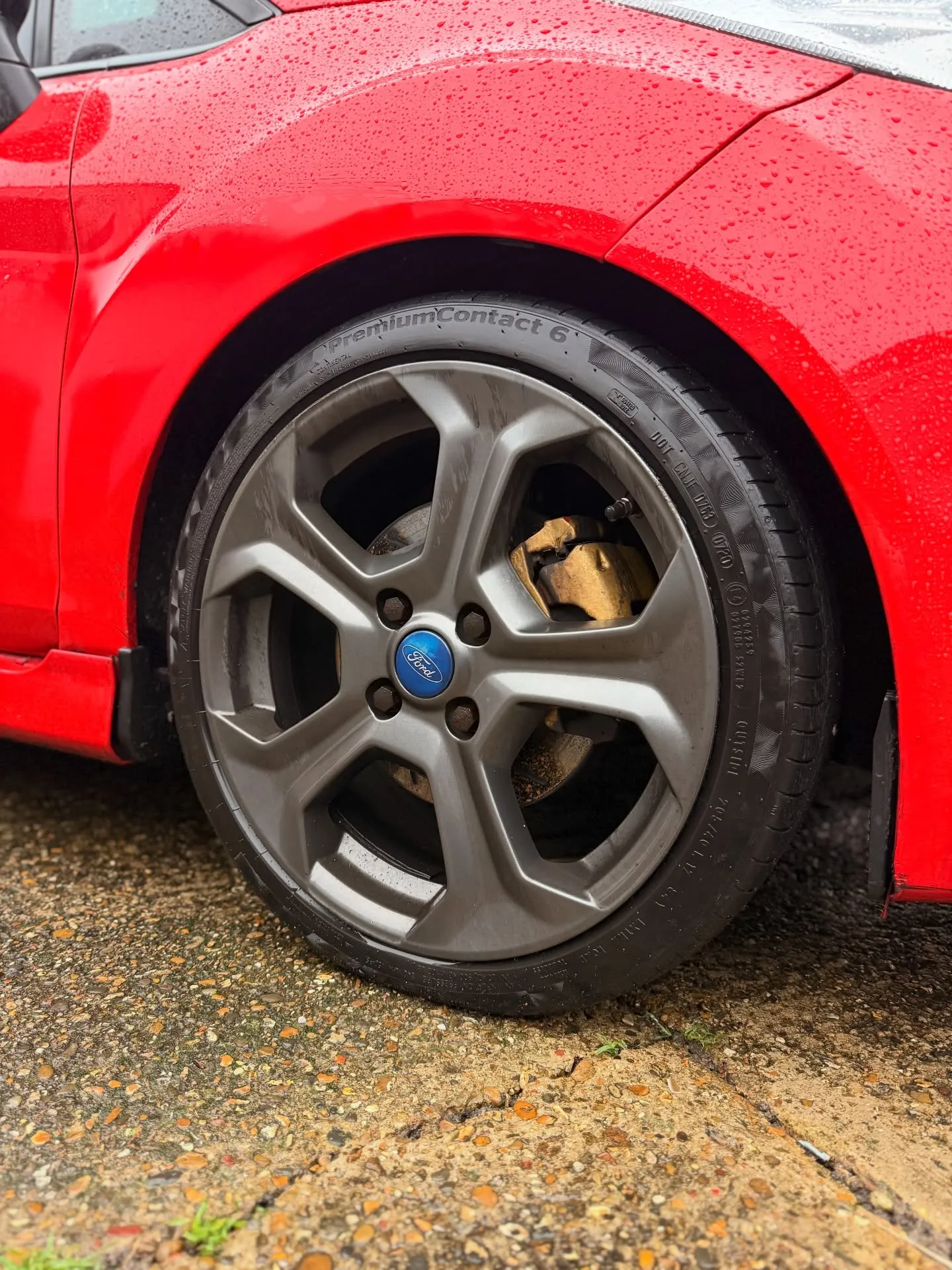 Cleaned alloy wheel and arch on a red Ford Fiesta ST